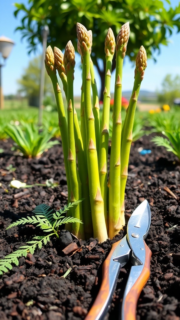 Fresh asparagus spears in a garden ready for harvesting with gardening shears.